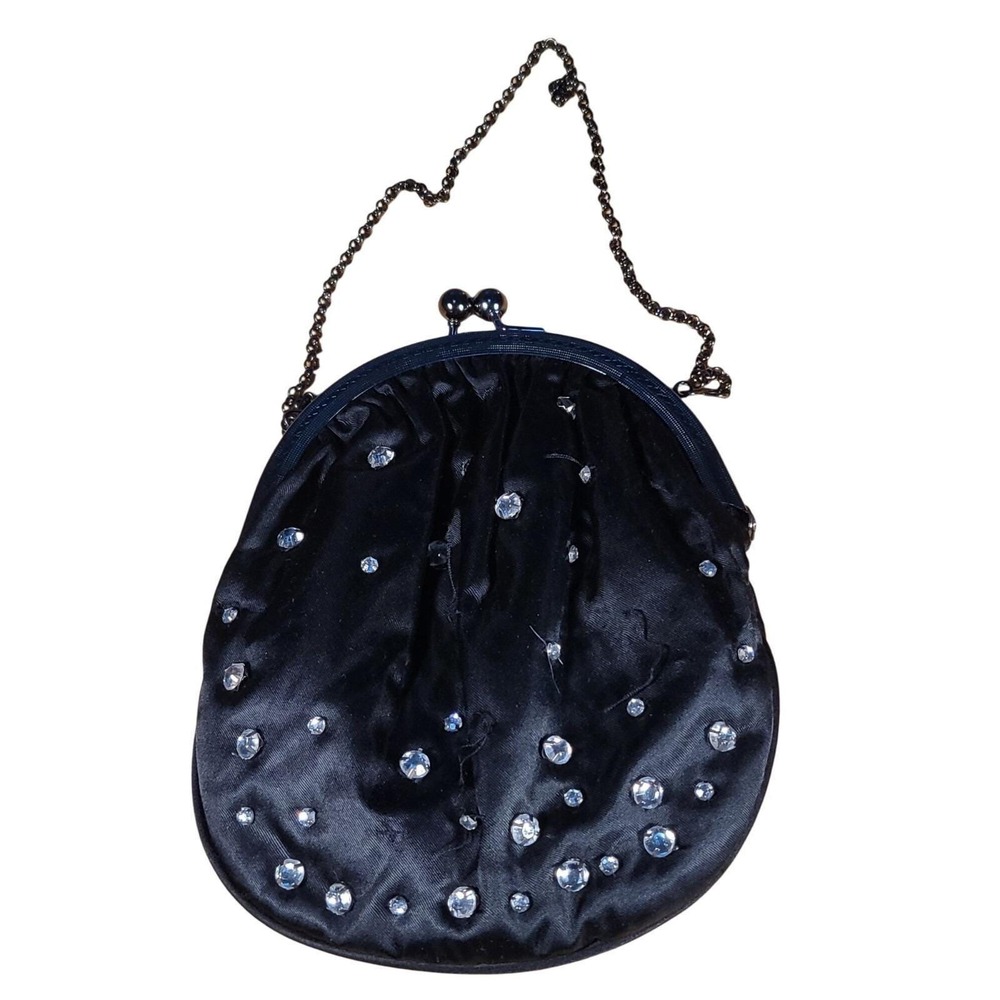 Vintage Black Satin Rhinestone‎ Clutch Bag Kiss Lock Gothic Evening Prom Purse